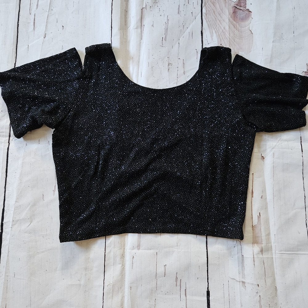 Sparkling Dark Blue and Black Off The Shoulder Flowy Crop Top Size Medium